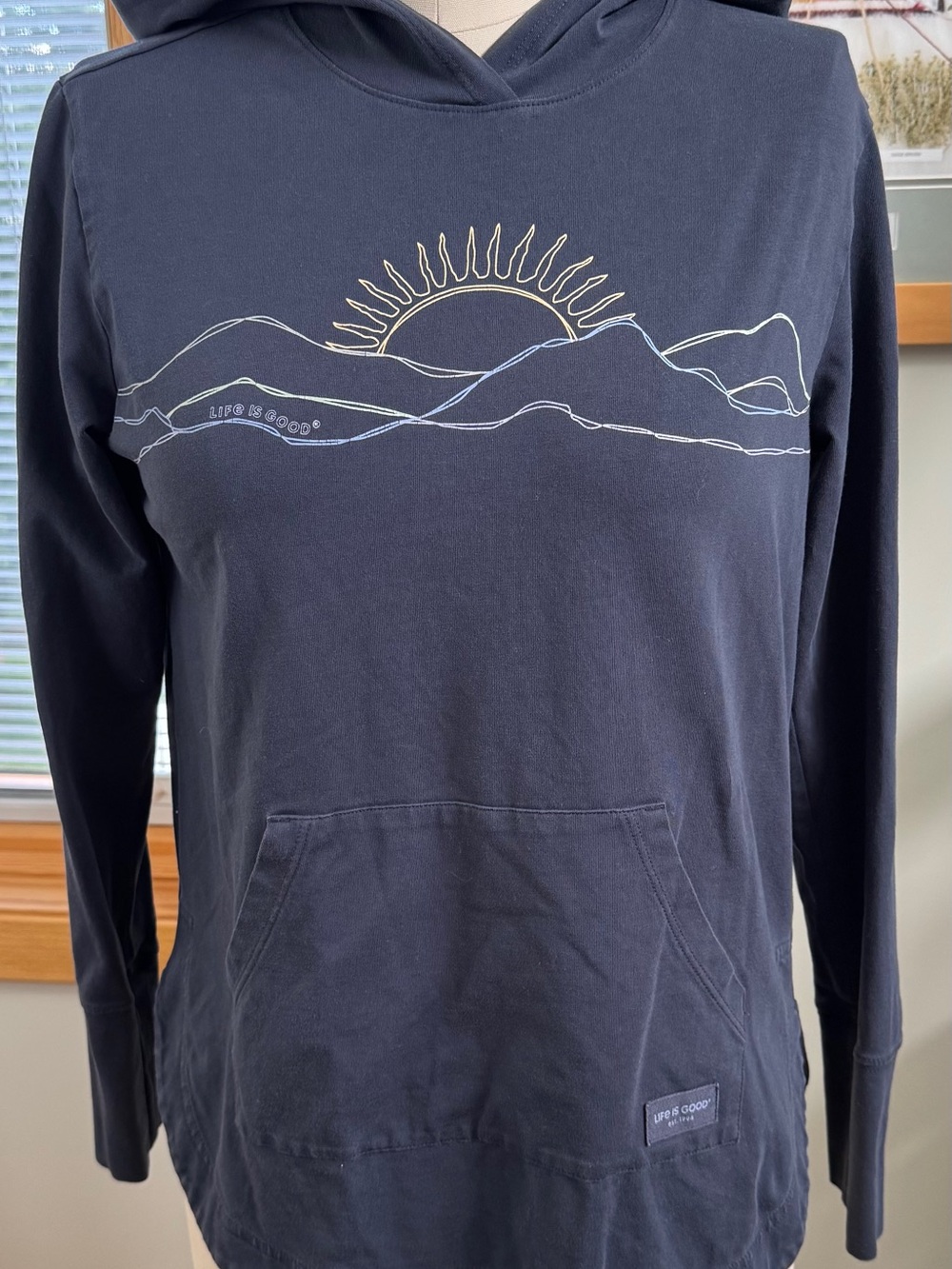 Life Is Good Navy Pullover Hoodie with Sunrise Mountain Line Art